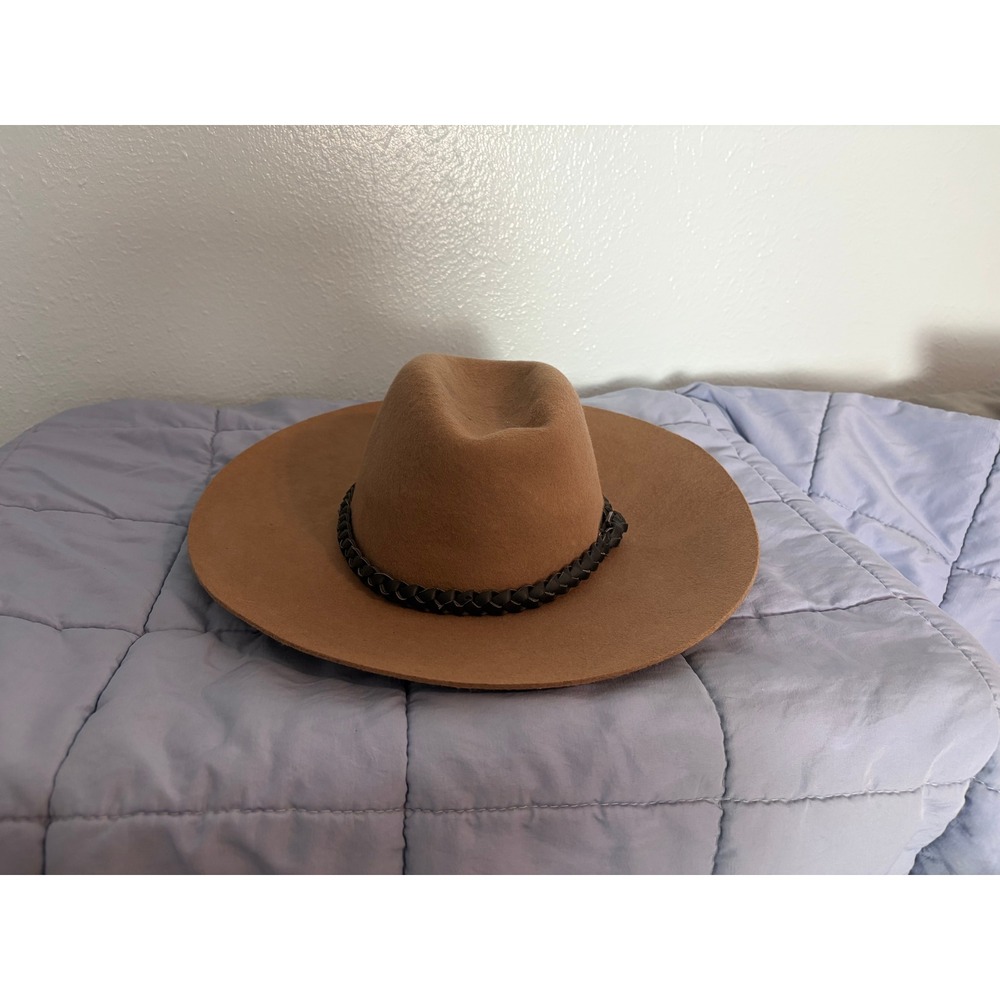 Do Everything In Love Tan 100% Wool Wide Brim Fedora Hat Braided Band Boho